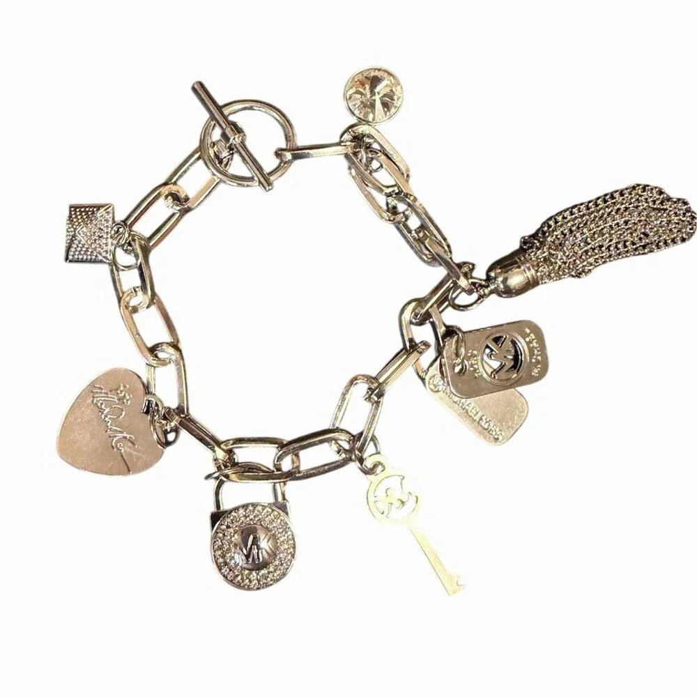 Michael Kors Bracelet Silver Tone Chunky Oval Link Chain Charm Toggle Tassel